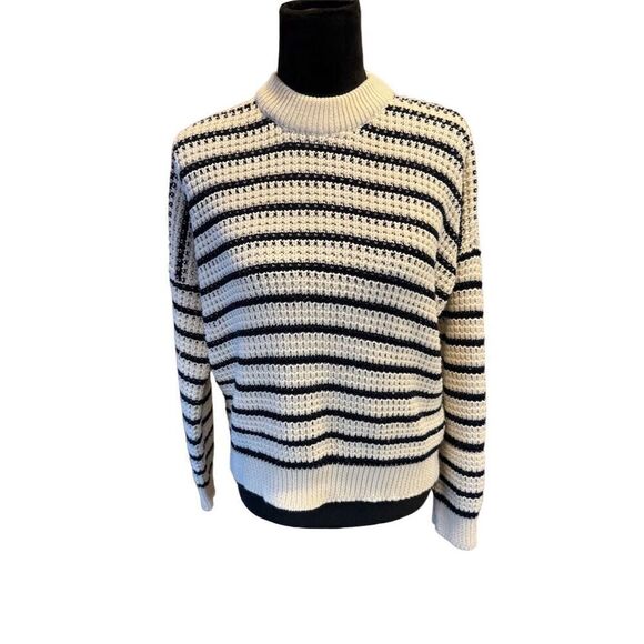 Lara  Knit Women's Striped Pullover Sweater Cream & Navy Long Sleeve size M - Picture 1 of 11